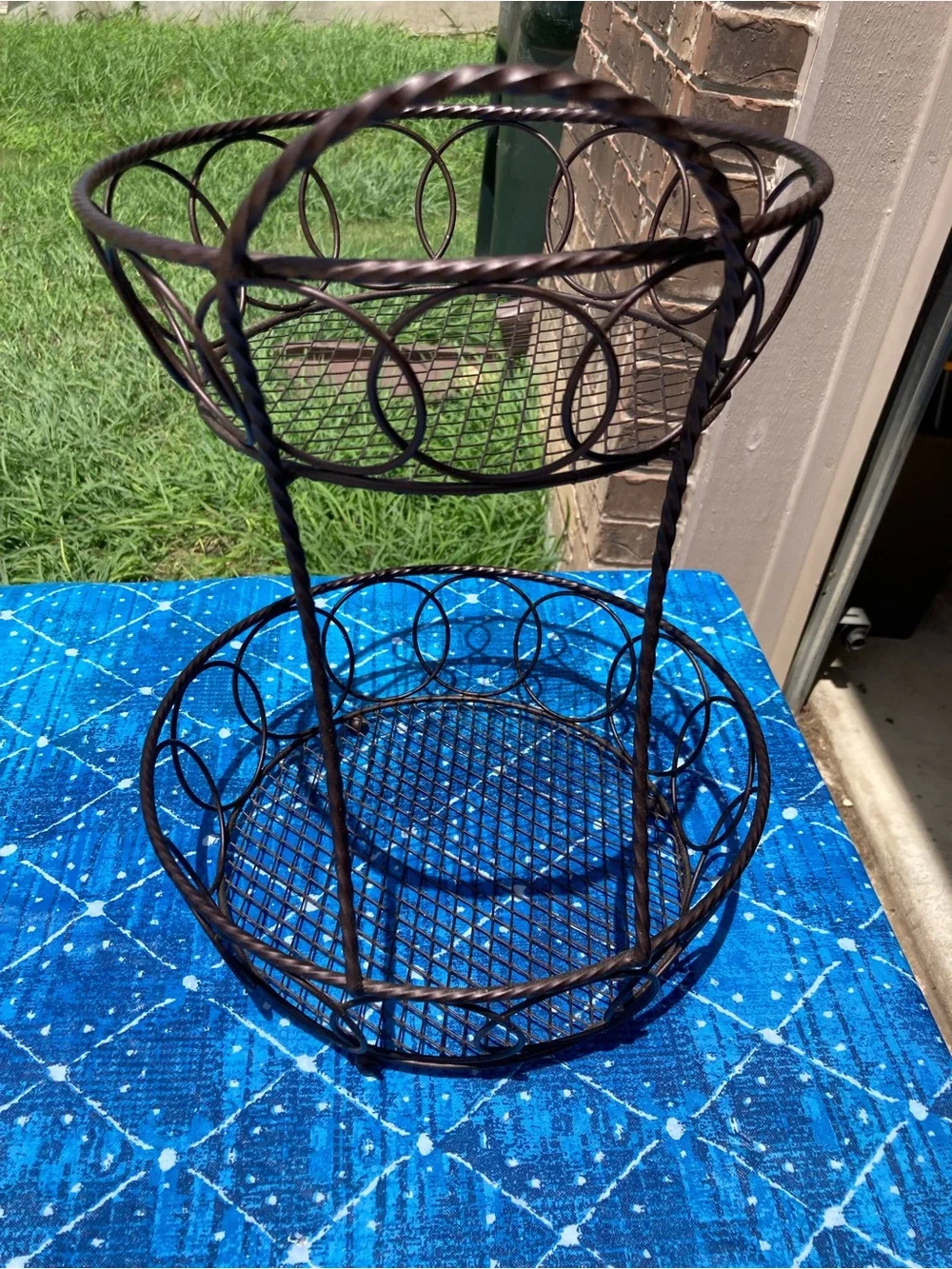 Two-Tier Metal Basket Stand - Brown